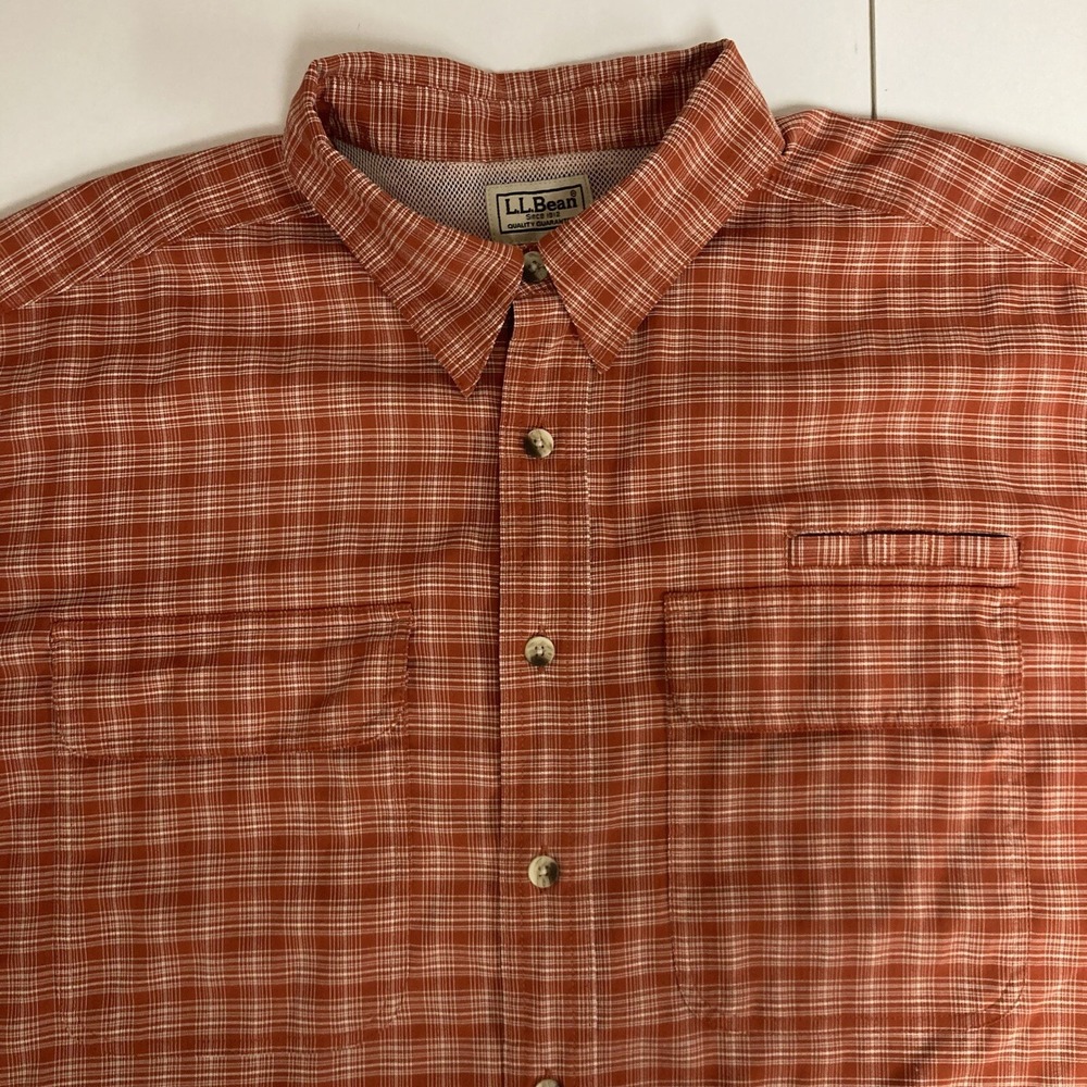 LL Bean Men's Vented Fishing Shirt Large Tall Rust Short Sleeve Mesh Lined Nylon